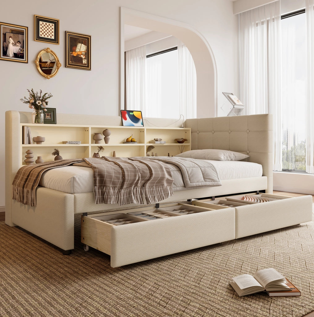 Letto singolo 90 x 200 cm beige con 2 cassetti, prese USB e USB-C