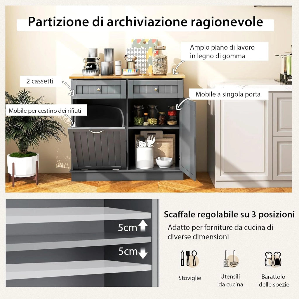 Credenza Cucina, Mobile per Pattumiera Ribaltabile con Piano in Legno di Gomma 2 Cassetti e Ripiano Regolabile, 100x35,5x90 cm (Grigio)