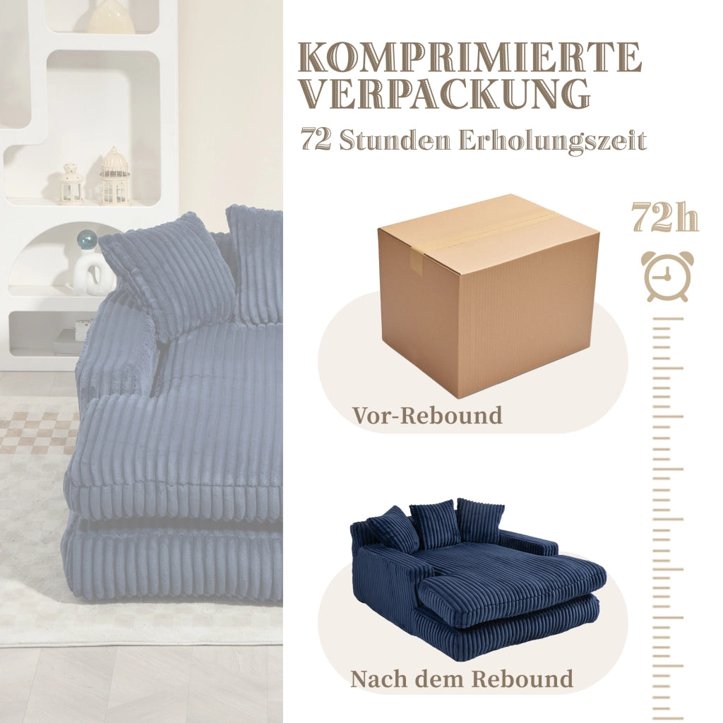 Méridienne Poltrona con 3 Cuscini, Design Ergonomico, in Velluto a Coste Blu Navy 125 × 155 × 63 cm