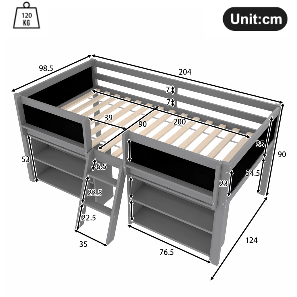Letto a soppalco 90x200 cm in legno di pino e MDF con ripiani; scala e lavagna