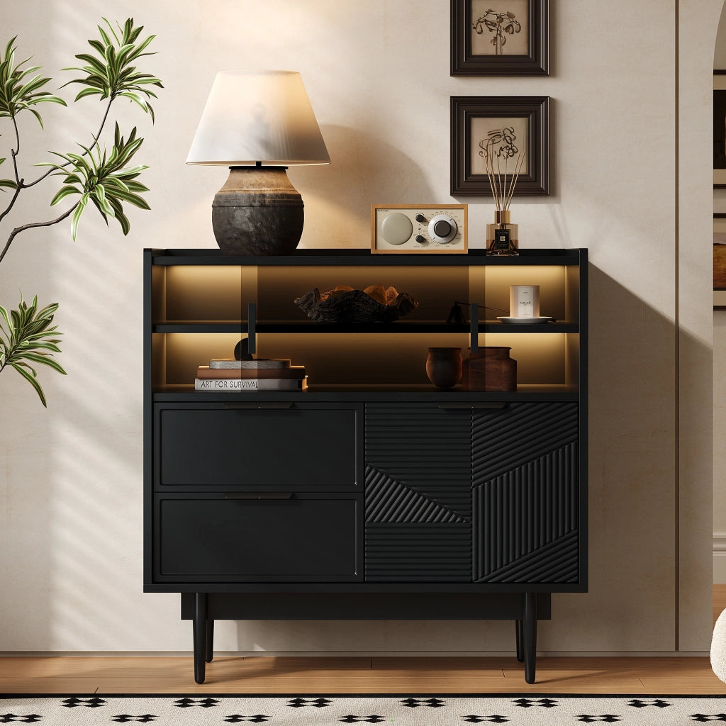 Mobile contenitore con vani aperti; ante scorrevoli e LED - per bagno - in MDF - nero