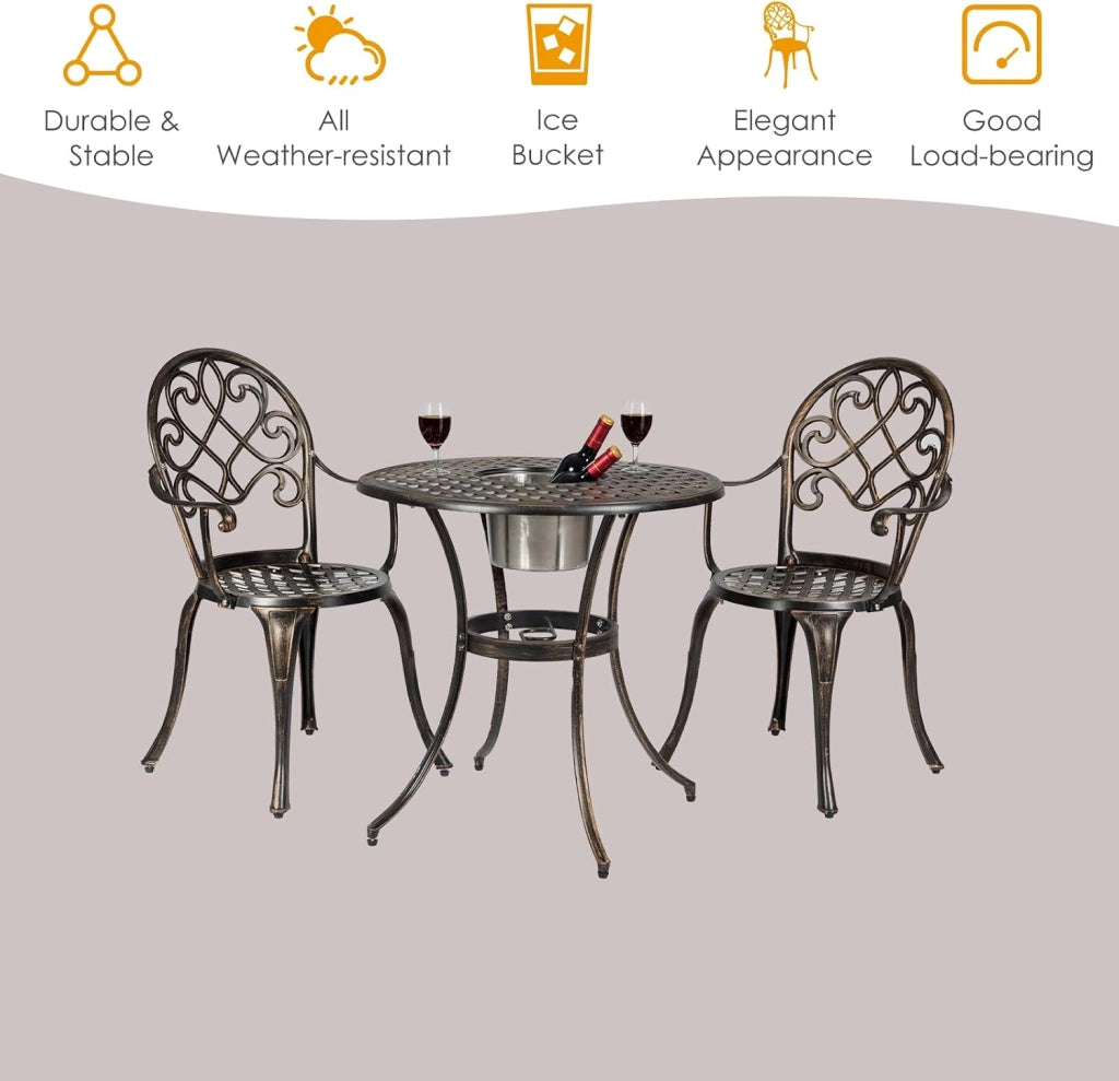 Mobili da balcone con refrigeratore per vino e foro per ombrellone, 3 pezzi, in bronzo antico, in alluminio pressofuso, antiscivolo, per esterni, 2 persone, resistente alle intemperie