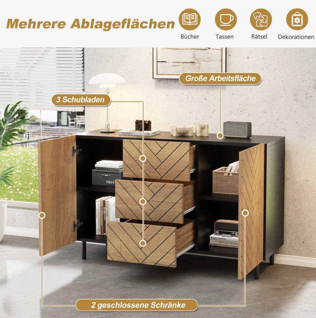 Credenza moderna 120x40x76 cm con 3 cassetti e 2 ante, legno e nero