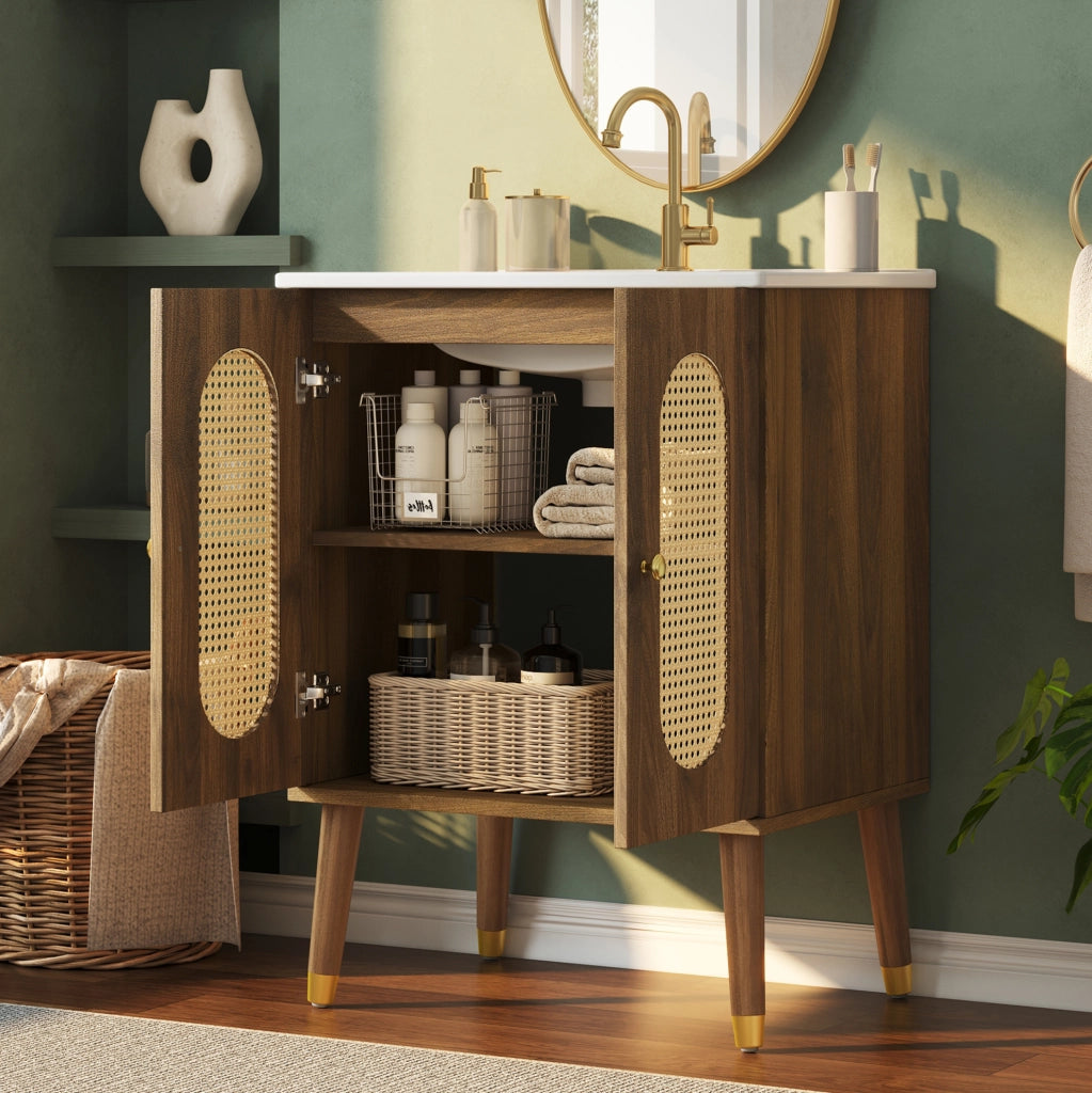 Mobile bagno sottolavabo 61 cm freestanding con lavabo in ceramica; ante in rattan; noce