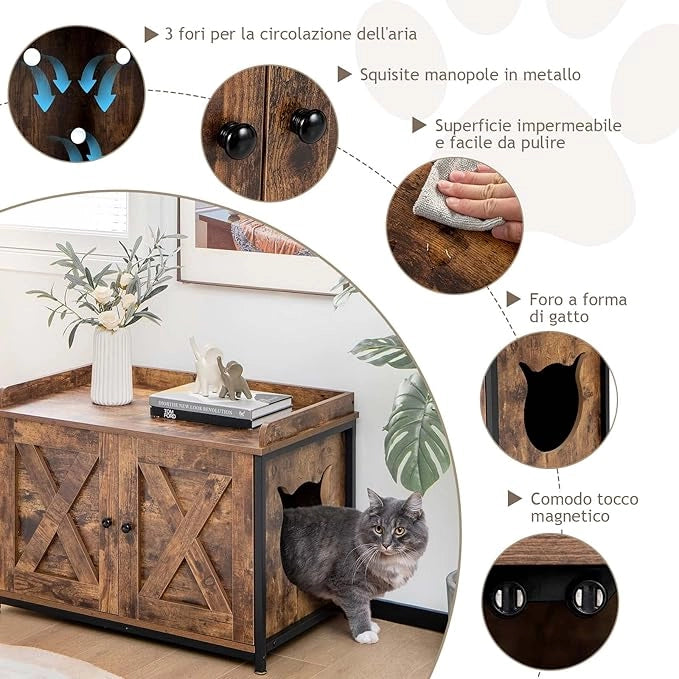 Lettiera per Gatti con Porta Apribile, Ingresso Laterale e Divisorio Rimovibile, Casetta per Gatti Multiuso, Adatto a Soggiorno, Ingresso e Camera da Letto, Portata 45 kg, 80 x 50 x 58 cm