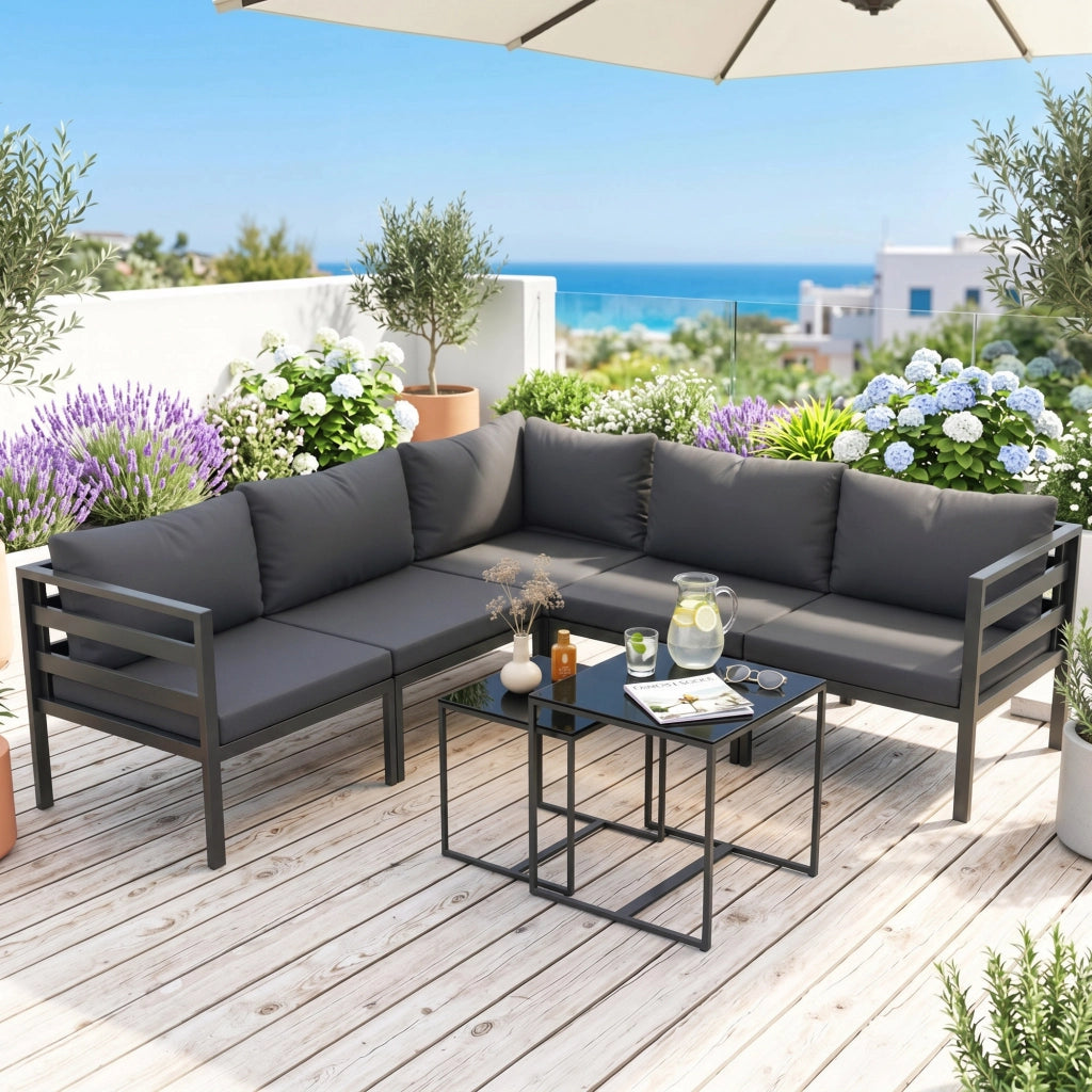 Set Giardino 7 Pezzi Acciaio Polyrattan ¨C Xylo ¨C 5 Sedie Cuscini 2 Tavolini Caff¨¨ Grigio