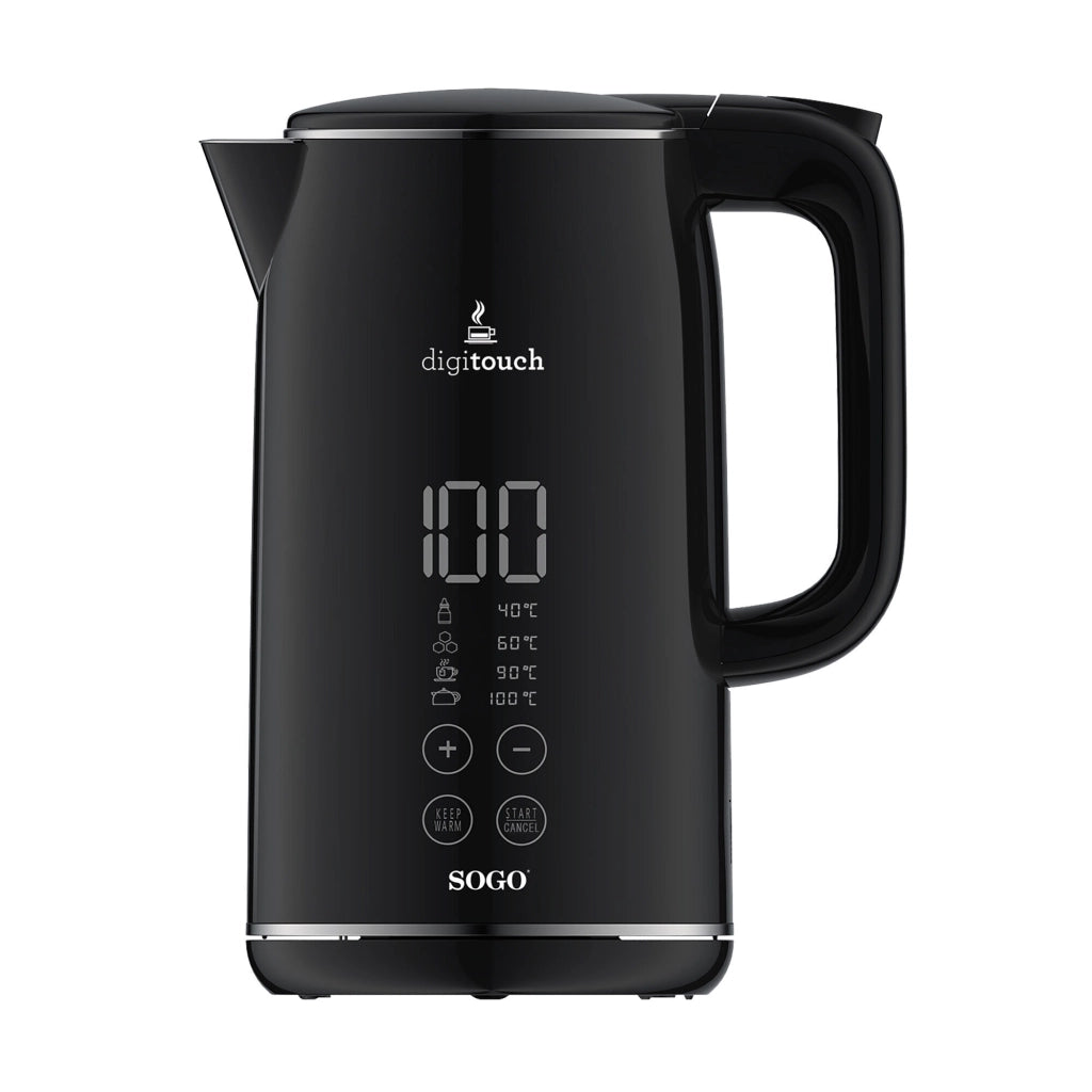 Bollitore elettrico 1,7L con display LED touch, controllo temperatura e doppia parete acciaio inox 2200W - Sogo