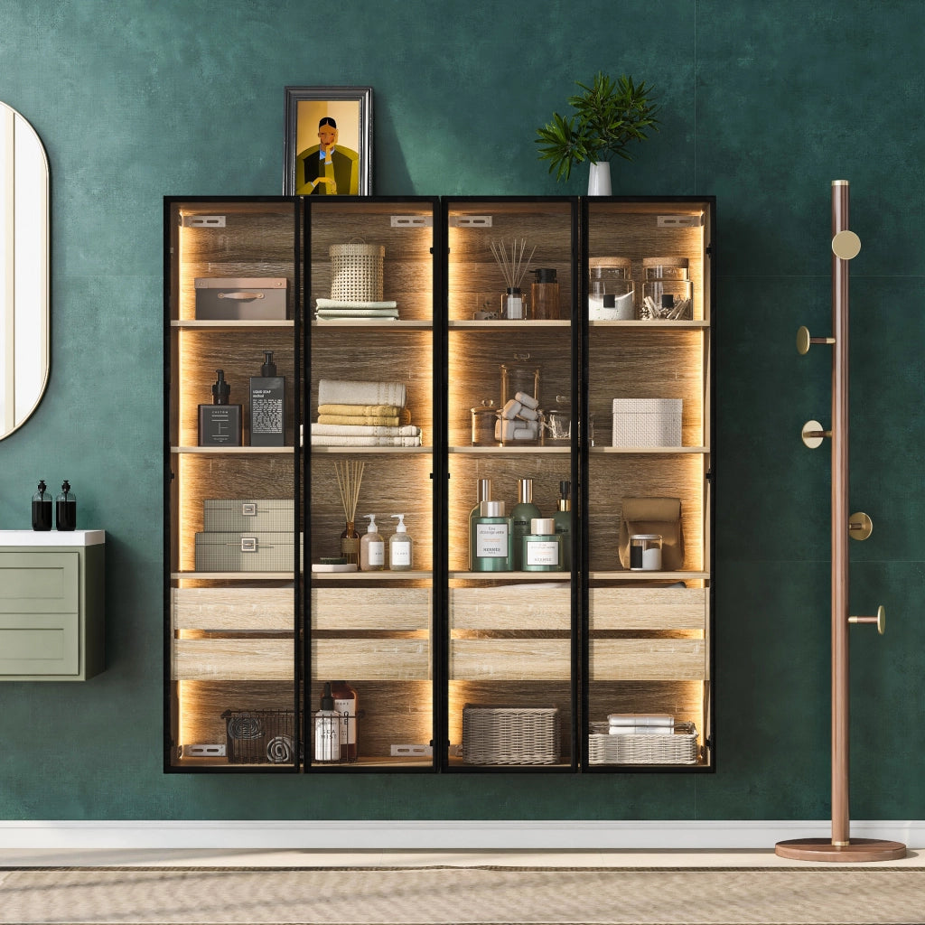 Armadietto da bagno con LED, 2 cassetti, 2 ante in vetro satinato e vani aperti, per bagno, in MDF naturale, 73 cm