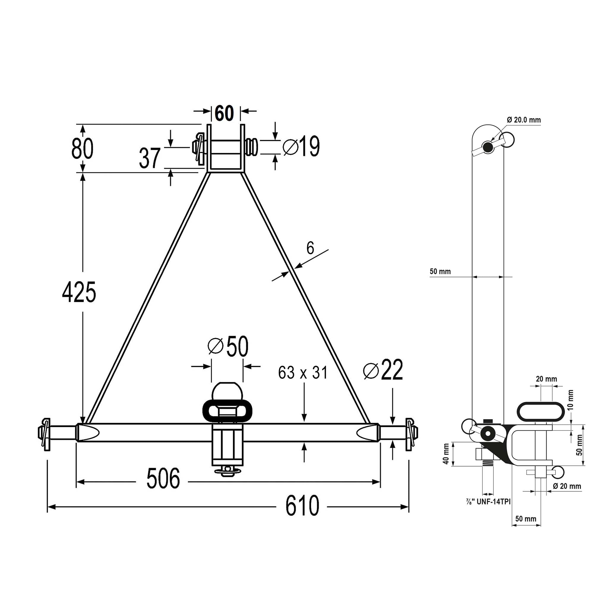 Attacco con barra di traino a tre punti 610 mm con dispositivo antitorsione per Cat. 1