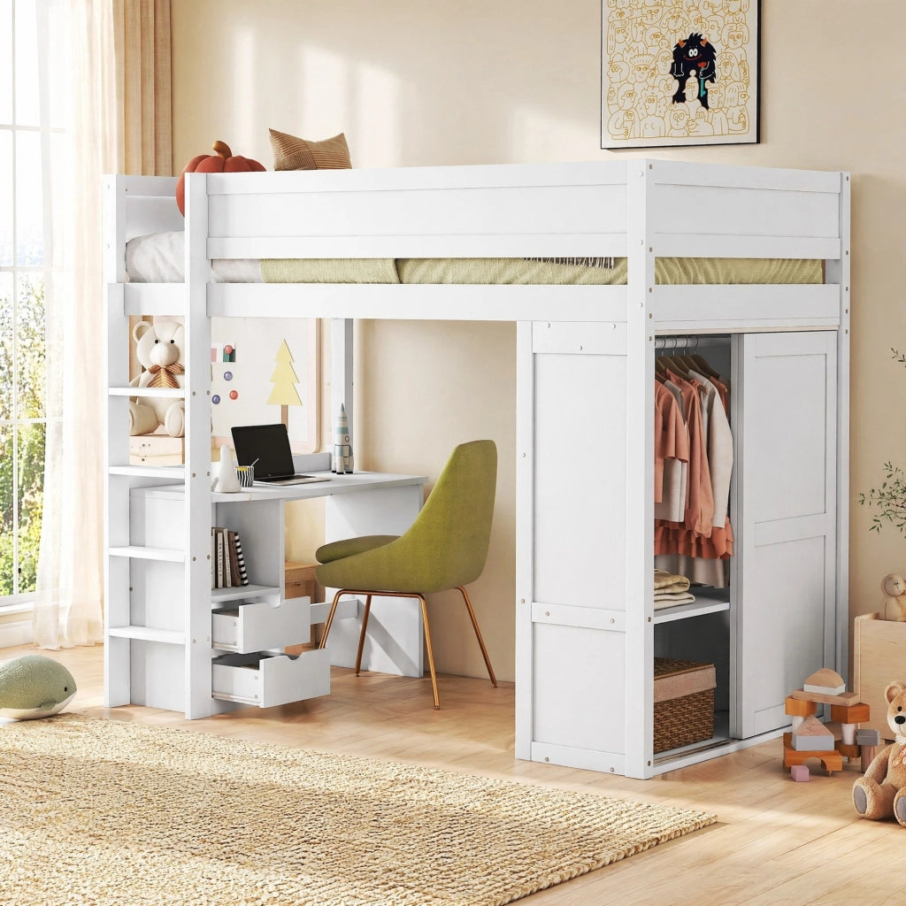Letto a soppalco per bambini 90x200 cm con scrivania e armadio