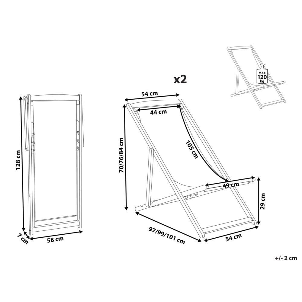 Set di 2 sedie a sdraio da giardino con seduta in tessuto bianco sporco e struttura in legno di acacia chiaro sdraio reclinabili e pieghevoli