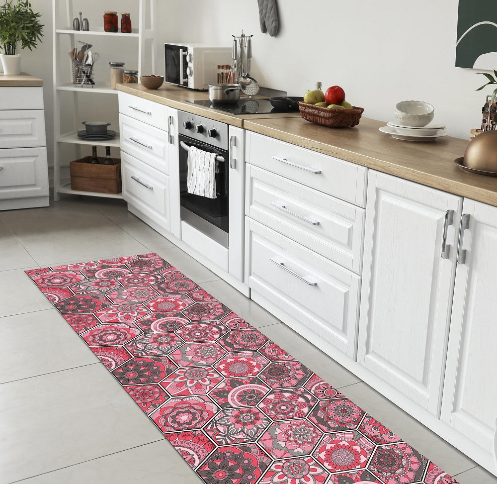 Tappeto Cucina Antiscivolo Made in Italy Passatoia Antimacchia Multiuso Corridoio Soggiorno Lavabile in Lavatrice - 50x550 - Esagoni rosa