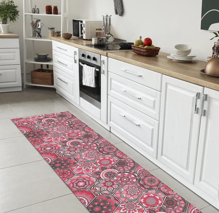 Tappeto Cucina Antiscivolo Made in Italy Passatoia Antimacchia Multiuso Corridoio Soggiorno Lavabile in Lavatrice - 50x550 - Esagoni rosa