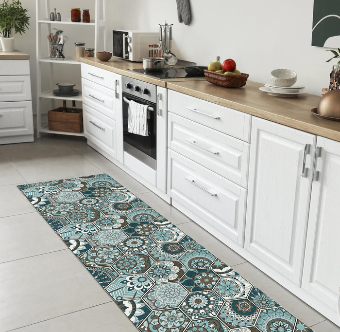 Tappeto Cucina Antiscivolo Made in Italy Passatoia Antimacchia Multiuso Corridoio Soggiorno Lavabile in Lavatrice - 50x350 - Esagoni ottanio