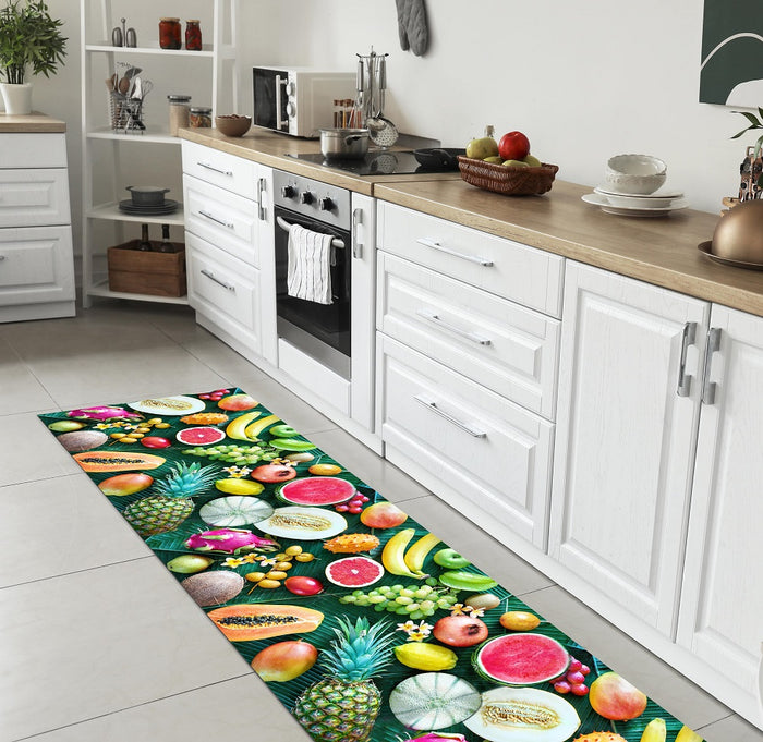 Tappeto Cucina Antiscivolo Made in Italy Passatoia Antimacchia Multiuso Corridoio Soggiorno Lavabile in Lavatrice - 50x300 - Frutta e foglie