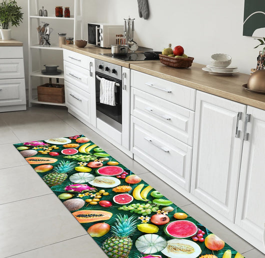Tappeto Cucina Antiscivolo Made in Italy Passatoia Antimacchia Multiuso Corridoio Soggiorno Lavabile in Lavatrice - 50x250 - Frutta e foglie