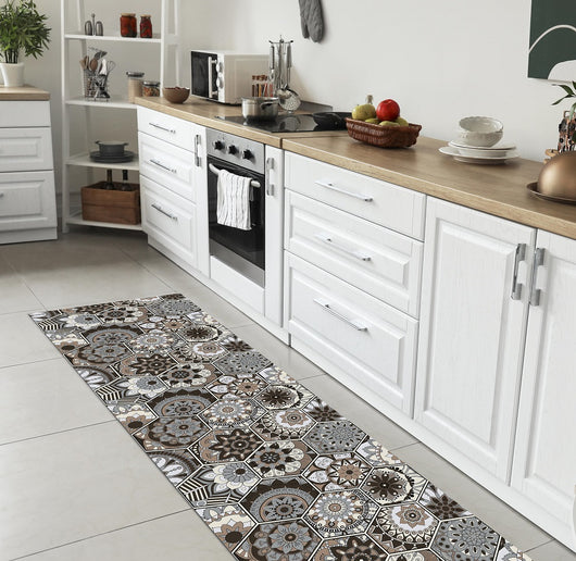 Tappeto Cucina Antiscivolo Made in Italy Passatoia Antimacchia Multiuso Corridoio Soggiorno Lavabile in Lavatrice - 50x450 - Esagoni Marroni