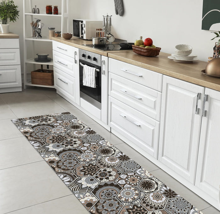 Tappeto Cucina Antiscivolo Made in Italy Passatoia Antimacchia Multiuso Corridoio Soggiorno Lavabile in Lavatrice - 50x550 - Esagoni Marroni