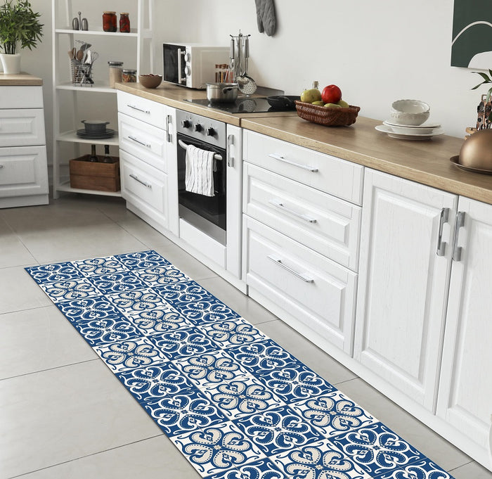 Tappeto Cucina Antiscivolo Made in Italy Passatoia Antimacchia Multiuso Corridoio Soggiorno Lavabile in Lavatrice - 50x150 - Mattonella blu