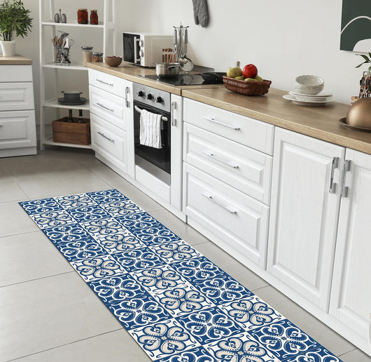 Tappeto Cucina Antiscivolo Made in Italy Passatoia Antimacchia Multiuso Corridoio Soggiorno Lavabile in Lavatrice - 50x200 - Mattonella blu