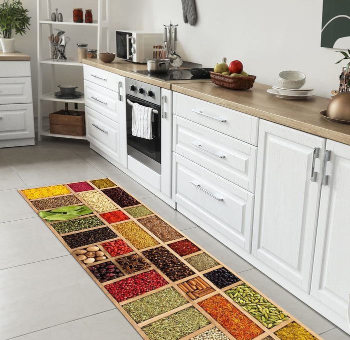 Tappeto Cucina Antiscivolo Made in Italy Passatoia Antimacchia Multiuso Corridoio Soggiorno Lavabile in Lavatrice - 50x200 - Riquadri di spezie