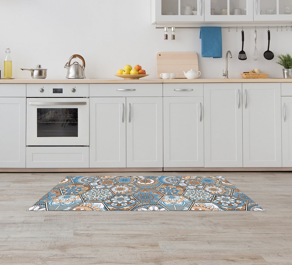 Tappeto Cucina Antiscivolo Made in Italy Passatoia Antimacchia Multiuso Corridoio Soggiorno Lavabile in Lavatrice - 50x450 - Esagoni celesti