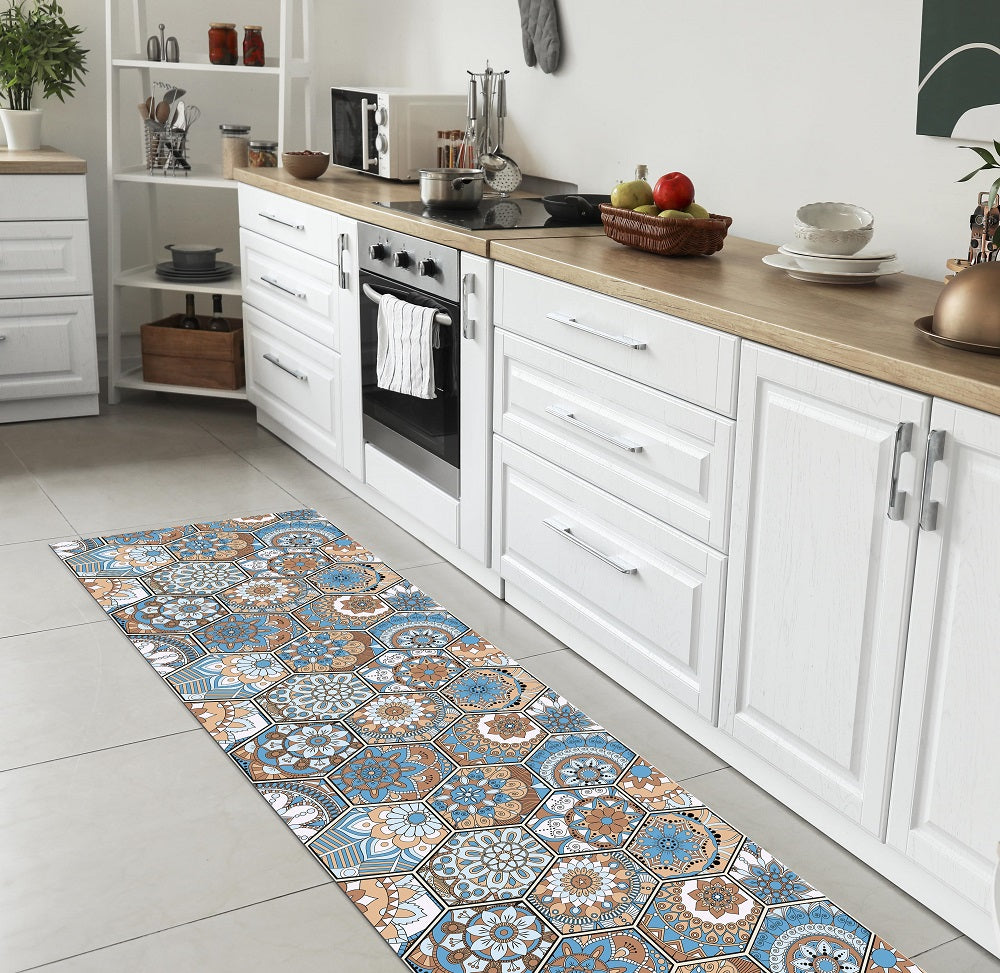 Tappeto Cucina Antiscivolo Made in Italy Passatoia Antimacchia Multiuso Corridoio Soggiorno Lavabile in Lavatrice - 50x450 - Esagoni celesti