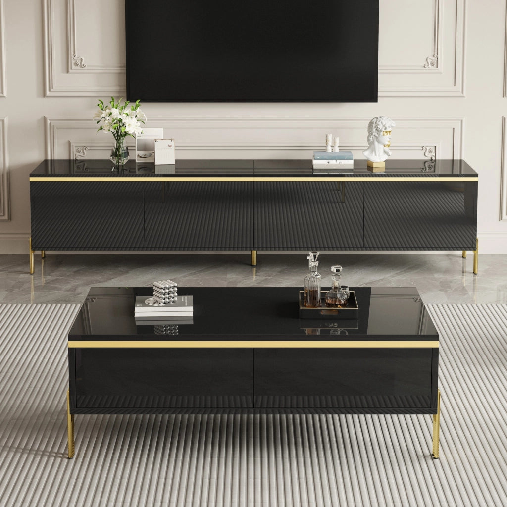 Set Mobile TV e Tavolino da Caffè con 1 Mobile TV e 1 Tavolino; Ampio Contenimento; Stile Lusso Sobrio; Pannelli di Particelle; Nero