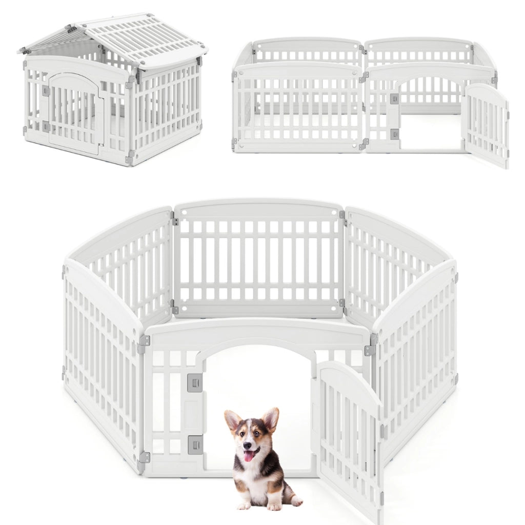 Recinto per cani in plastica con cancello pieghevole a 6 pannelli 60 cm, Casa per cani medi e piccoli Bianco