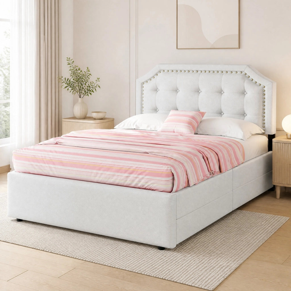 LETTO Imbottito 90x200 cm Beige Chiaro in MDF e lino con 2 cassetti