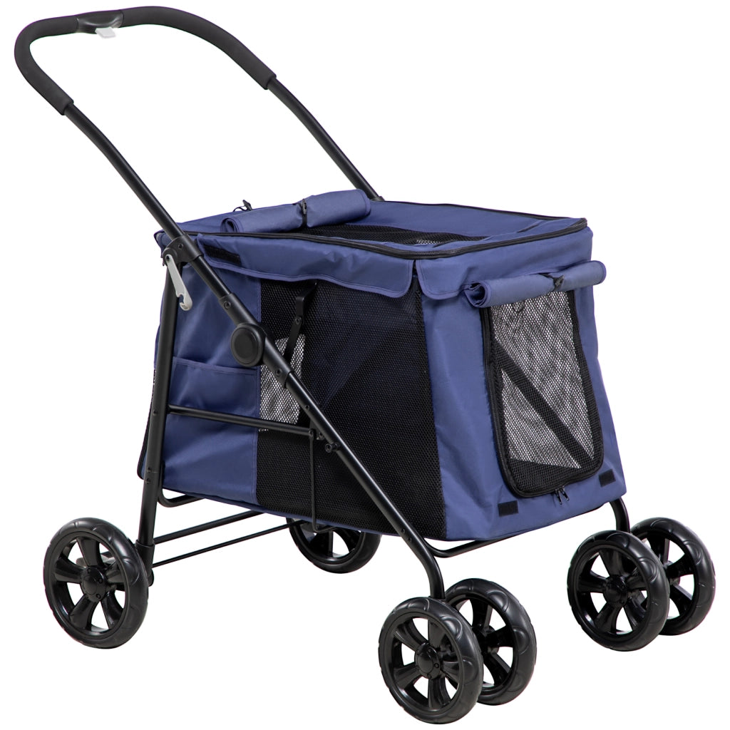 Carrello pieghevole per cani con cuscino finestre in rete porte laterali e 2 guinzagli in poliestere blu