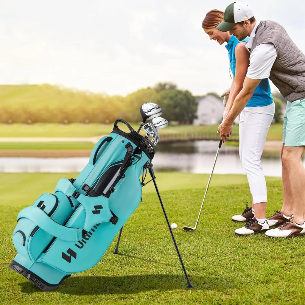 Borsa da Golf con Divisori Superiori a 8 Vie & 5 Tasche con Cerniera, Tracolla Regolabile a Doppia Spalla, Cappuccio Antipioggia e Portombrelli, Sacca da Golf per Donna e Uomo