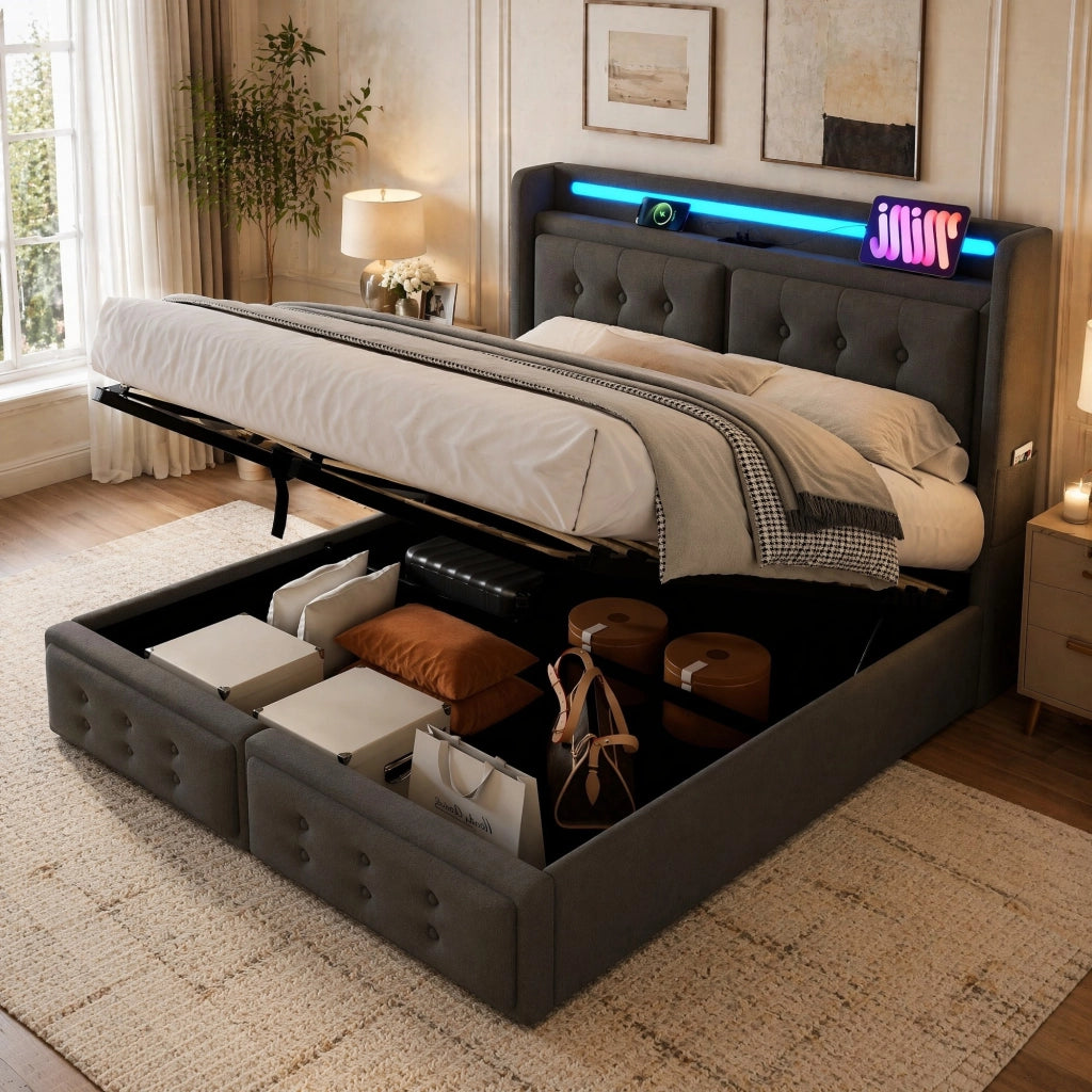 Letto imbottito 160x200 con testiera LED, prese e contenitore sollevabile
