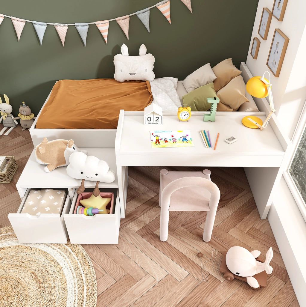 Letto singolo per bambini 90x200 cm con scrivania, cassetti e contenitore, bianco