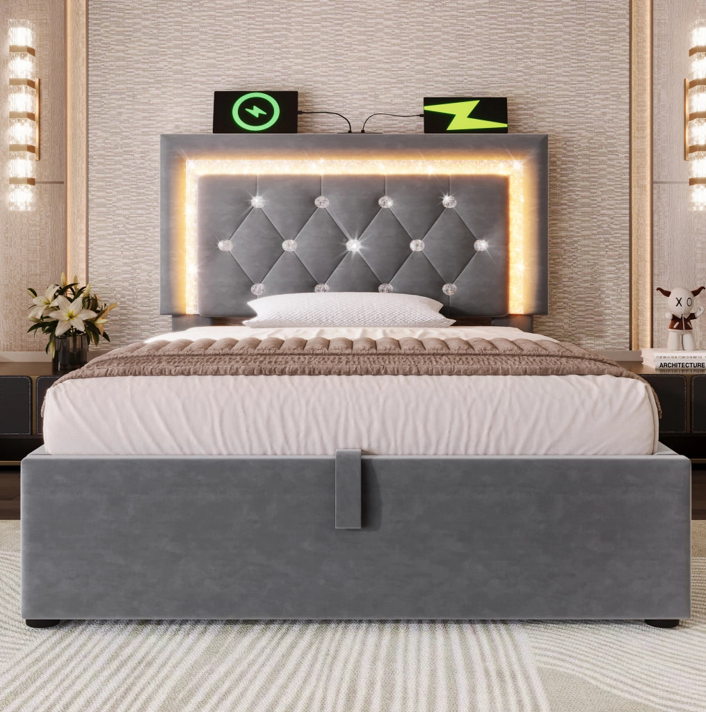 Letto singolo 90x200 cm in velluto grigio con LED; presa USB e Type-C; contenitore e materasso