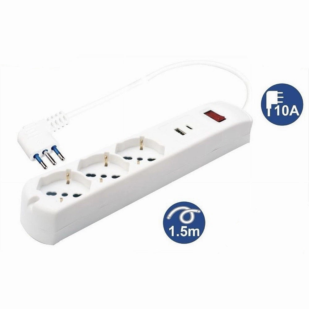 Trade Shop - Multipresa 5 In 1 Usb A + C + 3 Prese Per Schuko / Bipasso / Eu Cavo 1.5mt 80081 -