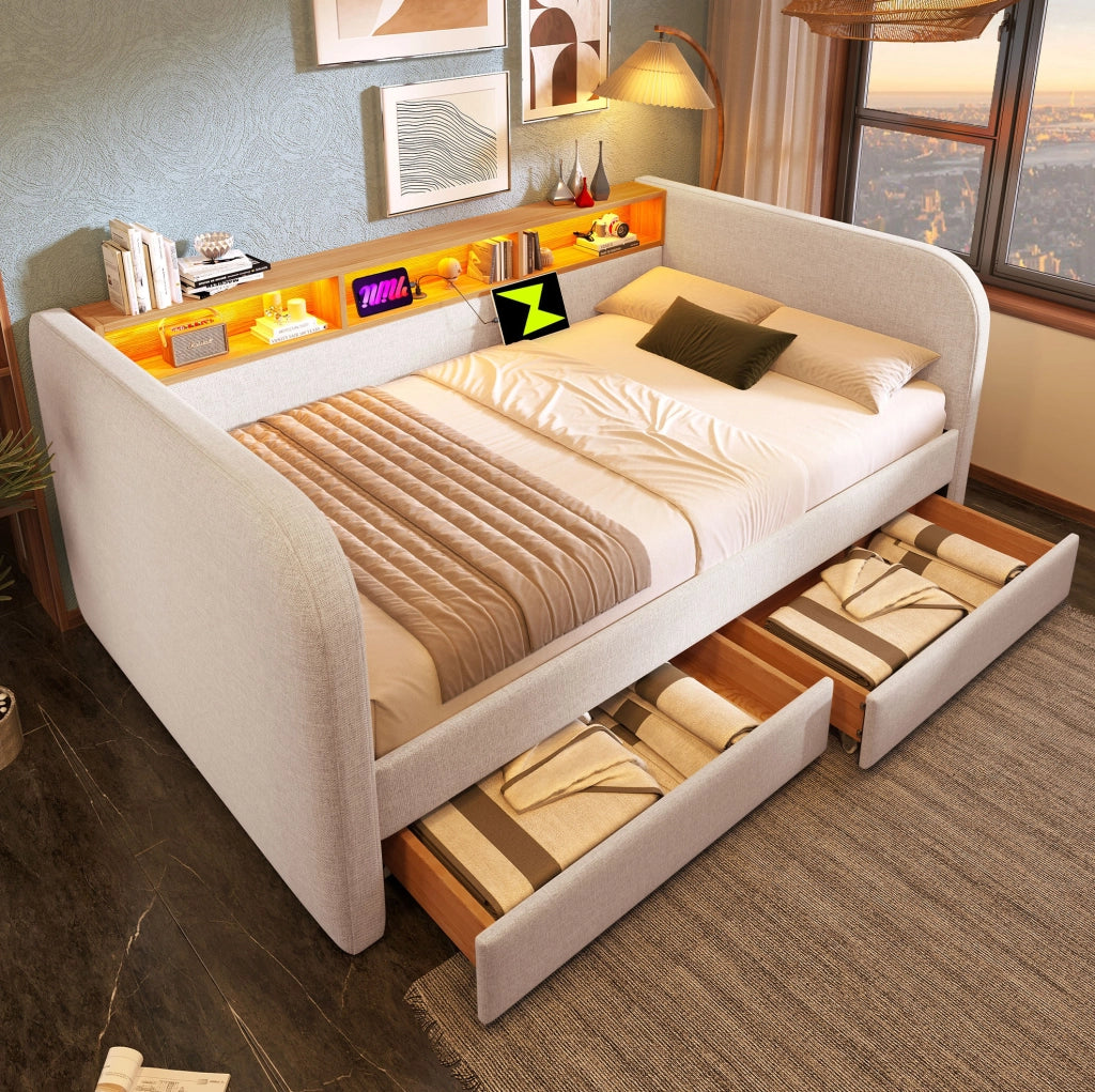 Letto imbottito 140x190 cm con LED, USB-C, 2 cassetti e testiera contenitore beige