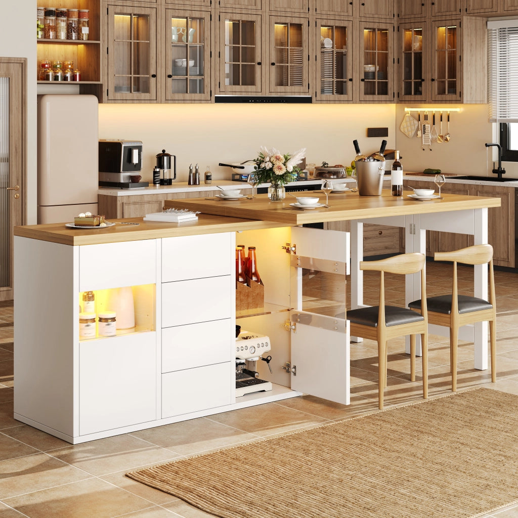 Isola cucina girevole 120-197 cm con LED RGB, 4 cassetti e ante in vetro, bianco