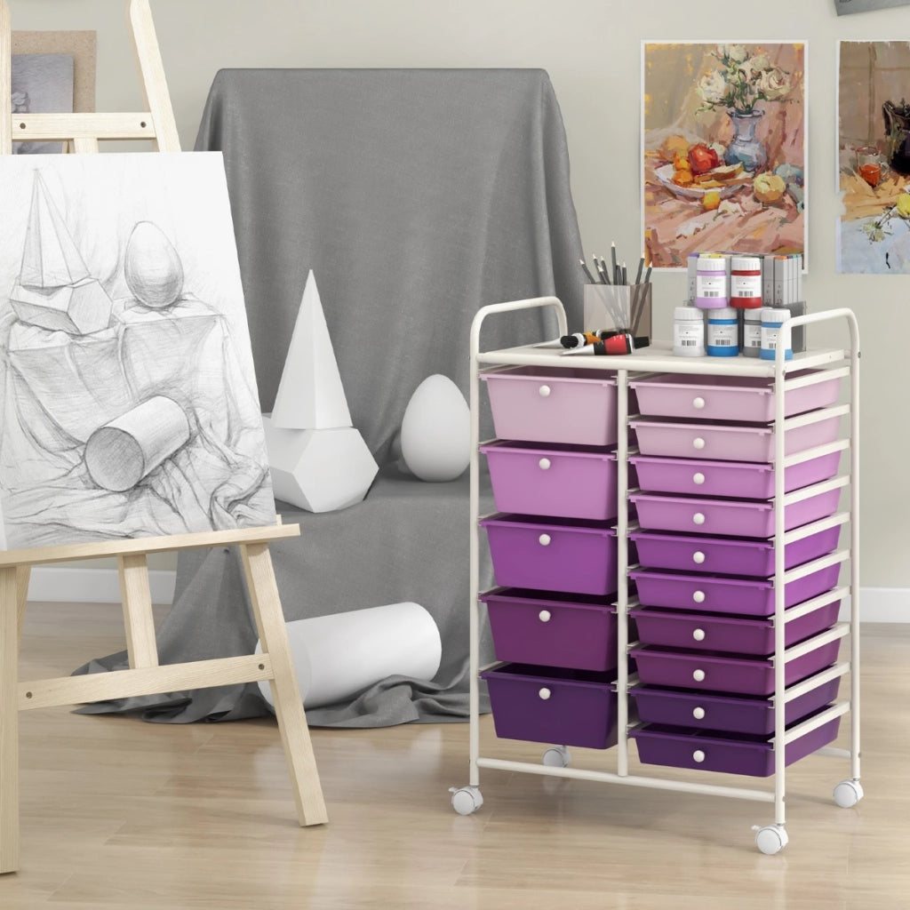 Carrello a rotelle con 15 cassetti impilabili ,Carrello ausiliario con 15 cassetti 62,5 x 37 x 87 cm Viola