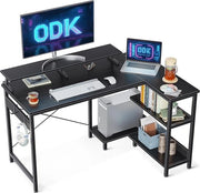 Banco angolare nero, scrivania L con ripiano, rotevole, tavolo da gaming, L con supporto per monitor lungo, tavolo per computer, L, tavolo per PC, scrivania per ufficio domestico, 120 x 80 x 88 cm