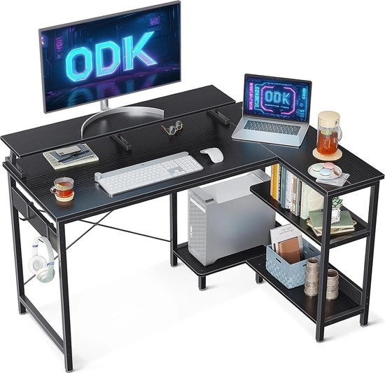 Banco angolare nero, scrivania L con ripiano, rotevole, tavolo da gaming, L con supporto per monitor lungo, tavolo per computer, L, tavolo per PC, scrivania per ufficio domestico, 120 x 80 x 88 cm