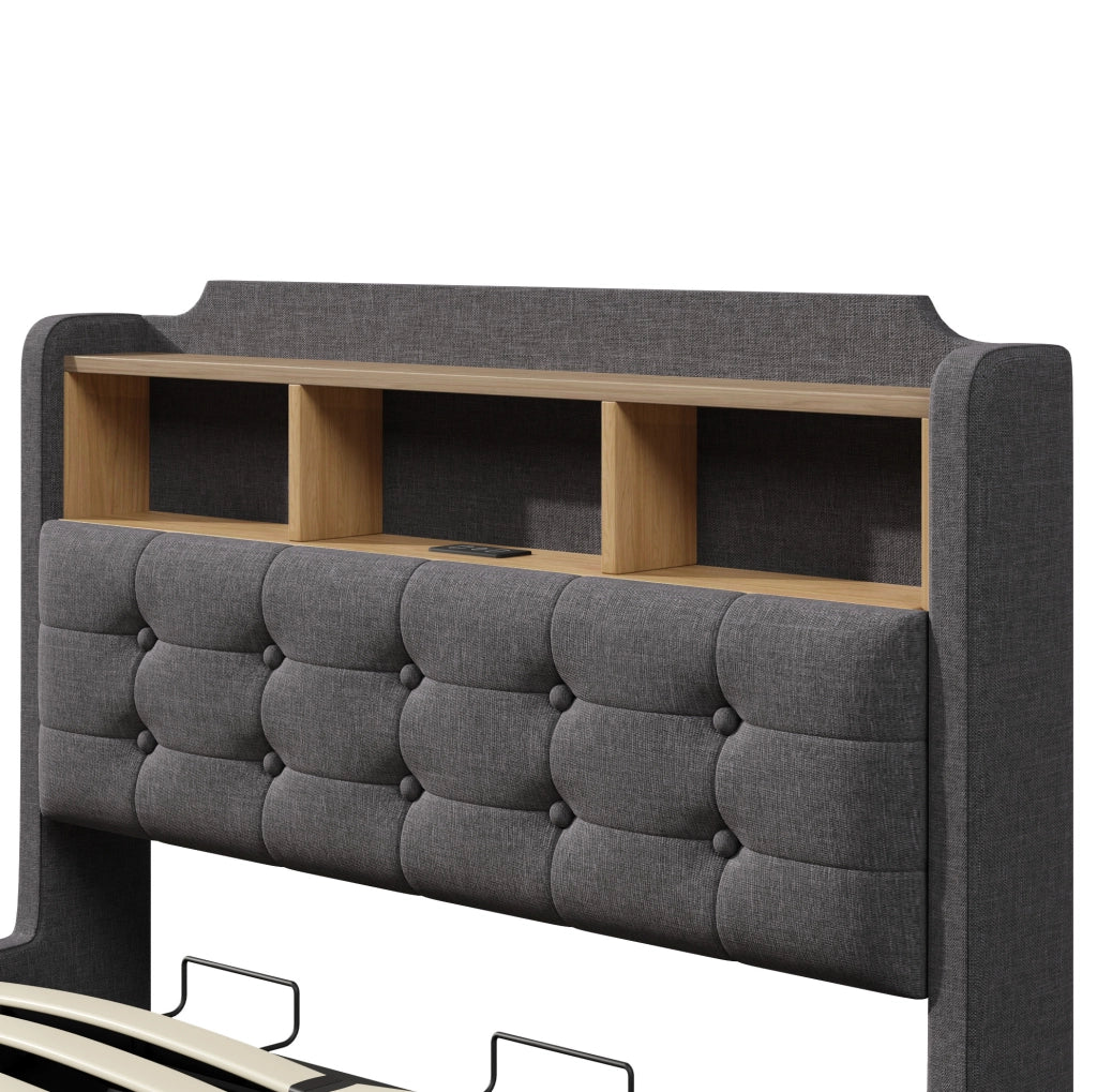 Letto imbottito 140x200 cm con LED, vano contenitore idraulico e prese USB