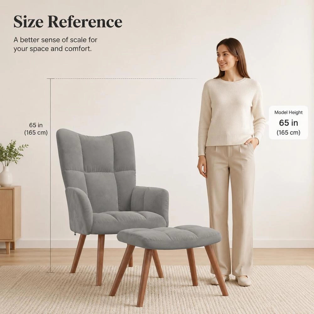 Reclining Armchair With Footstool, Light Grey Velvet