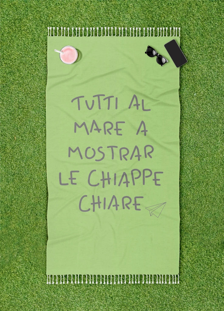 Telo Mare Con Frange Asciugamano Da Spiaggia Misura Grande 90x180 Cm Con Pochette Astuccio Assorbente In Morbido Cotone Leggero Stampa Tutti Al Mare AntiSabbia Lettino Vacanze Piscina Lime