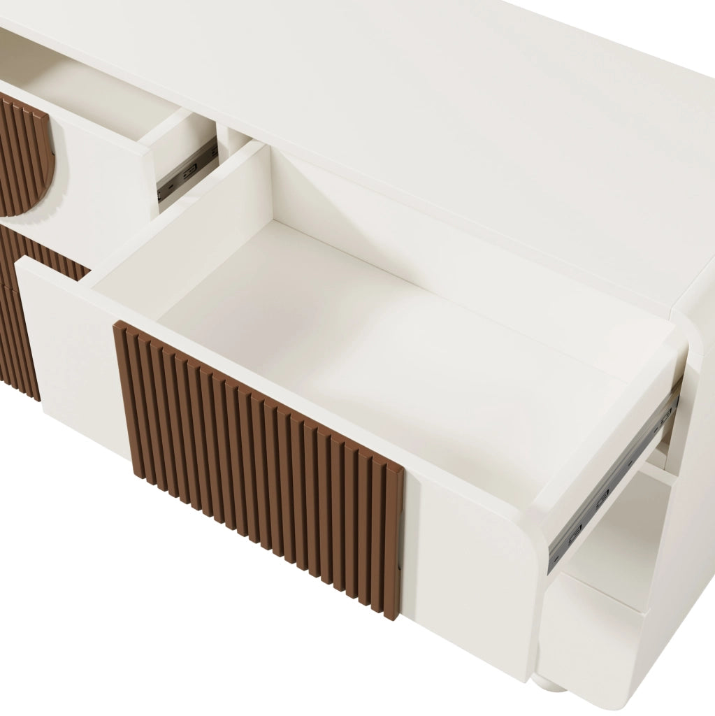 ???ò a 6 cassetti con design curvo; bianco; 121x41x71 cm in MDF e legno massiccio
