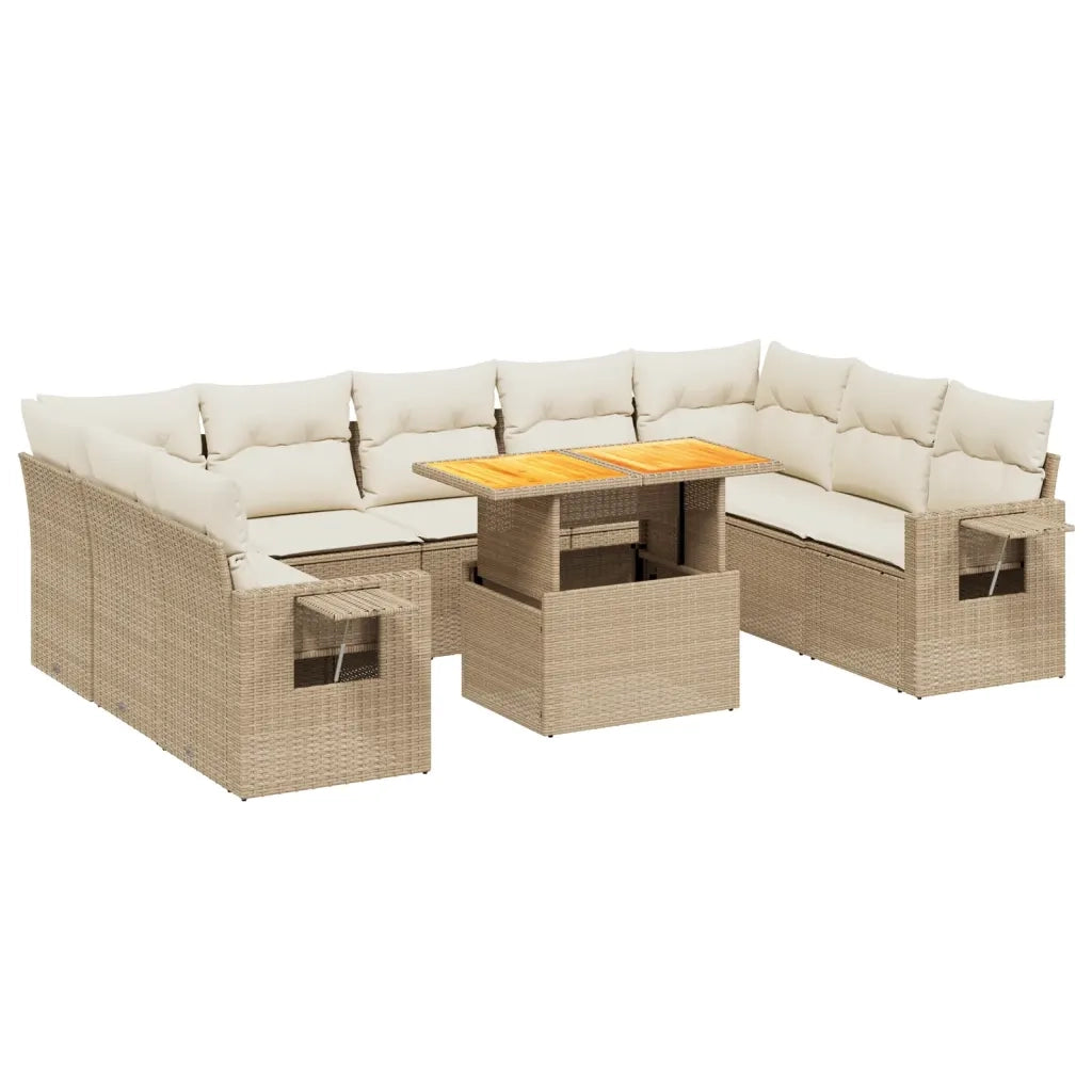 Set Divano da Giardino 10 pz con Cuscini Beige in Polyrattan