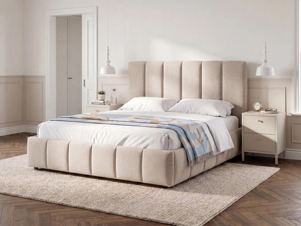 Letto matrimoniale contenitore con trapuntatura verticale in tessuto tortora 160x200 cm struttura sollevabile e testiera alta