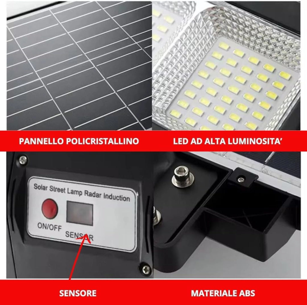 Lampione LED solare con batteria 18000mAh, doppia modalità luce, pannello solare, telecomando e staffa da 50cm. Autonomia prolungata e installazione facile.