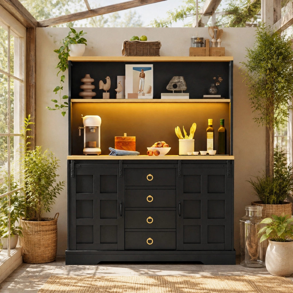 Credenza da cucina LED RGB con prese USB e 4 cassetti, nera