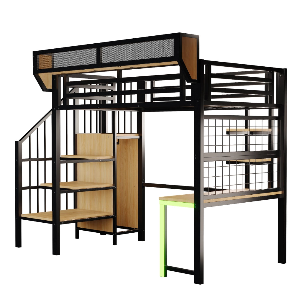Letto a soppalco in metallo 90x200 cm con scrivania, scaffali, rete portaoggetti, LED e presa, nero
